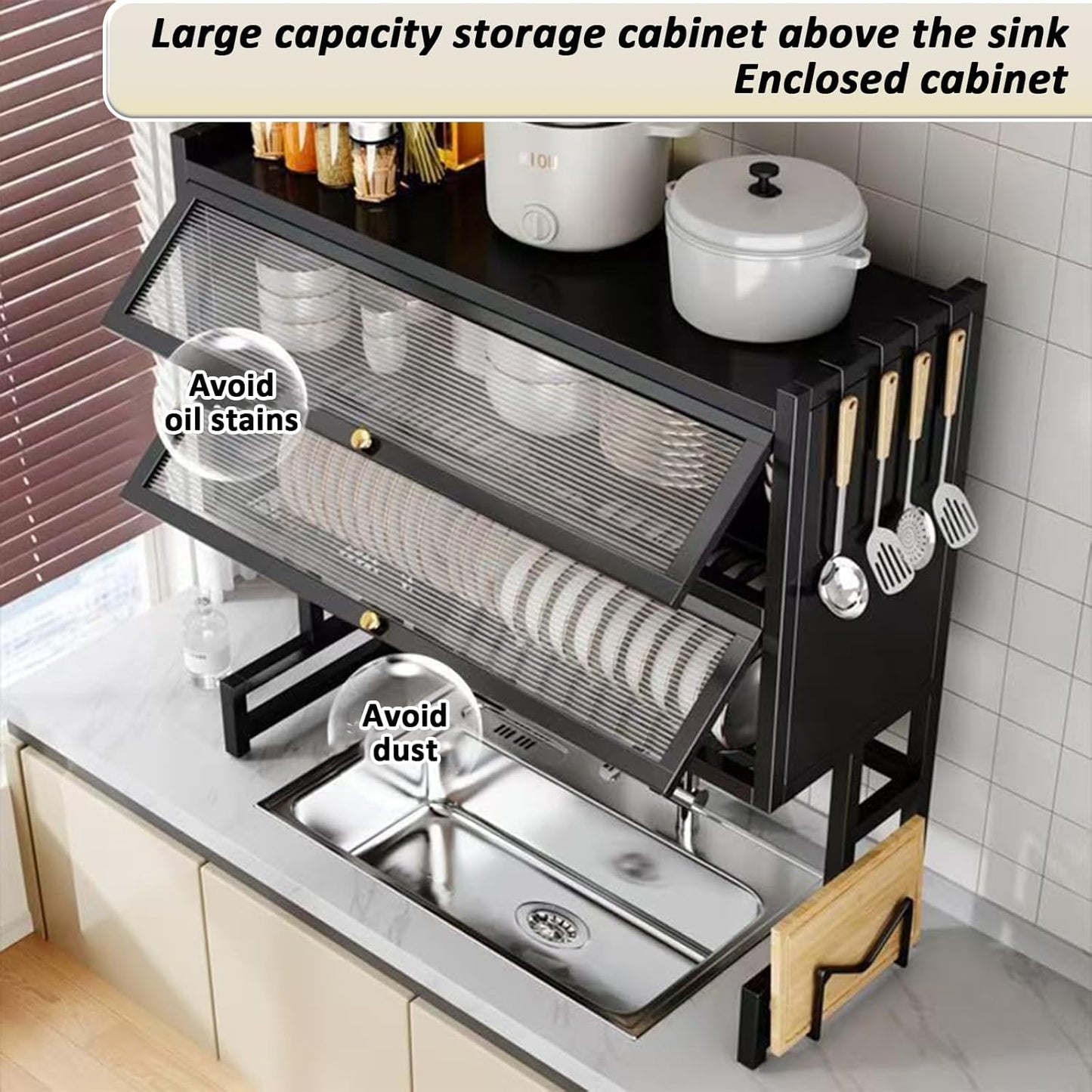 Over The Sink Dish Drainer Drying Rack 4 Tiers with Cover, Keep Kitchen Sink Shlef Organized Space-Saving Dish Drying Rack, Large Drying Rack for Dishes, Glasses, Bowls, Cutlery W-37.4in