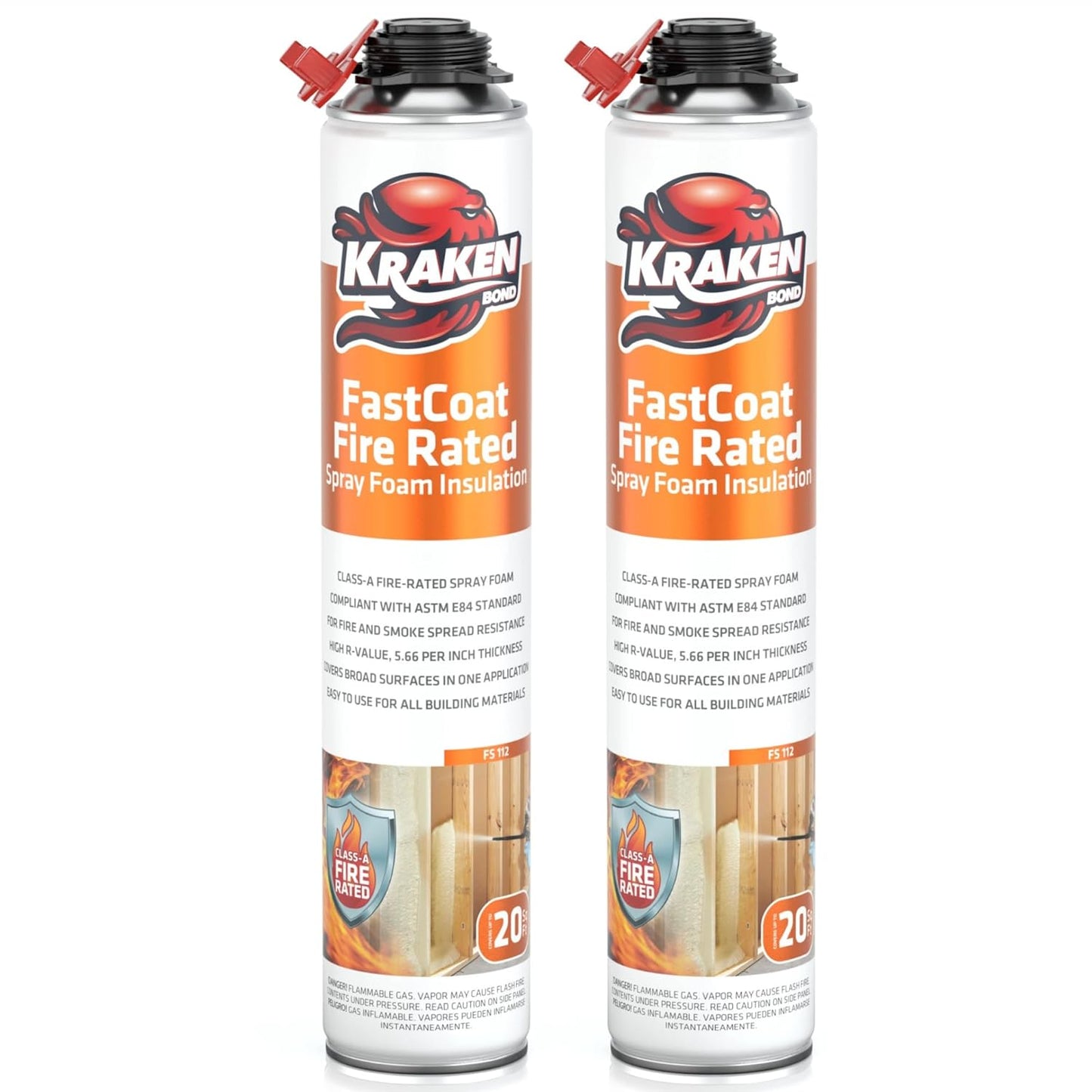 Kraken Bond Fastcoat Fire Rated Spray Foam Insulation Kit Closed Cell in a Can 40 sq ft (2x27.1 oz.) (R-Value 11.32 / 2in) - Spray Foam for Garage Door, Attic, Wall Gun & Cleaner Not Included, 2 Pack