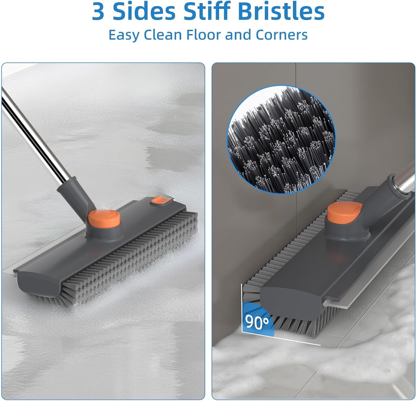 Scrub Brush with Long Handle, Floor Scrub Brush Squeegee Broom for Cleaning, 3 in 1 Shower Scrubber Floor Broom Squeegee for Concrete Tile Wall Deck Patio Grey