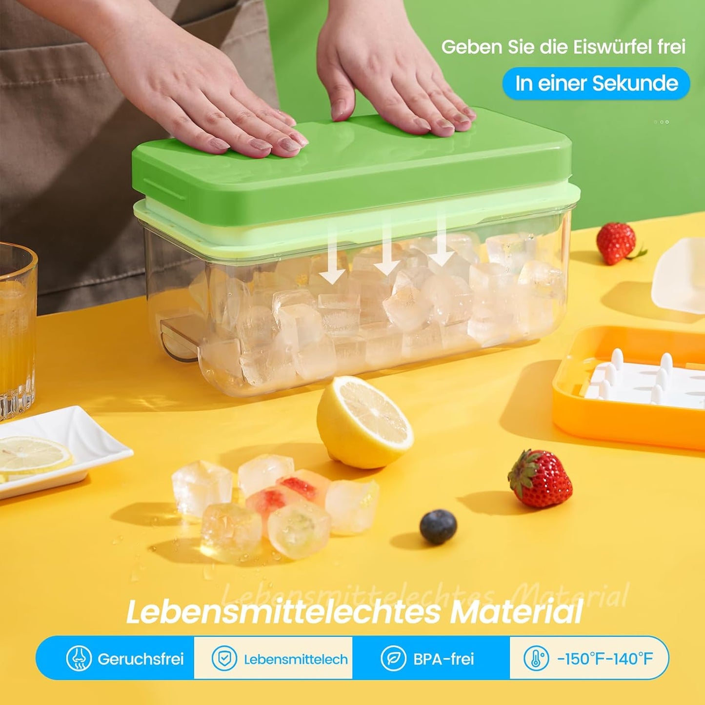 PHINOX Ice Cube Tray With Lid and Bin, Ice Trays for Freezer, Flexible Ice Cube Trays, Making 64 pcs Ice Cubes, Chilling Cocktail, Whiskey, Coffee, with 2 trays, Ice Container, Scoop&Cover, BPA Free