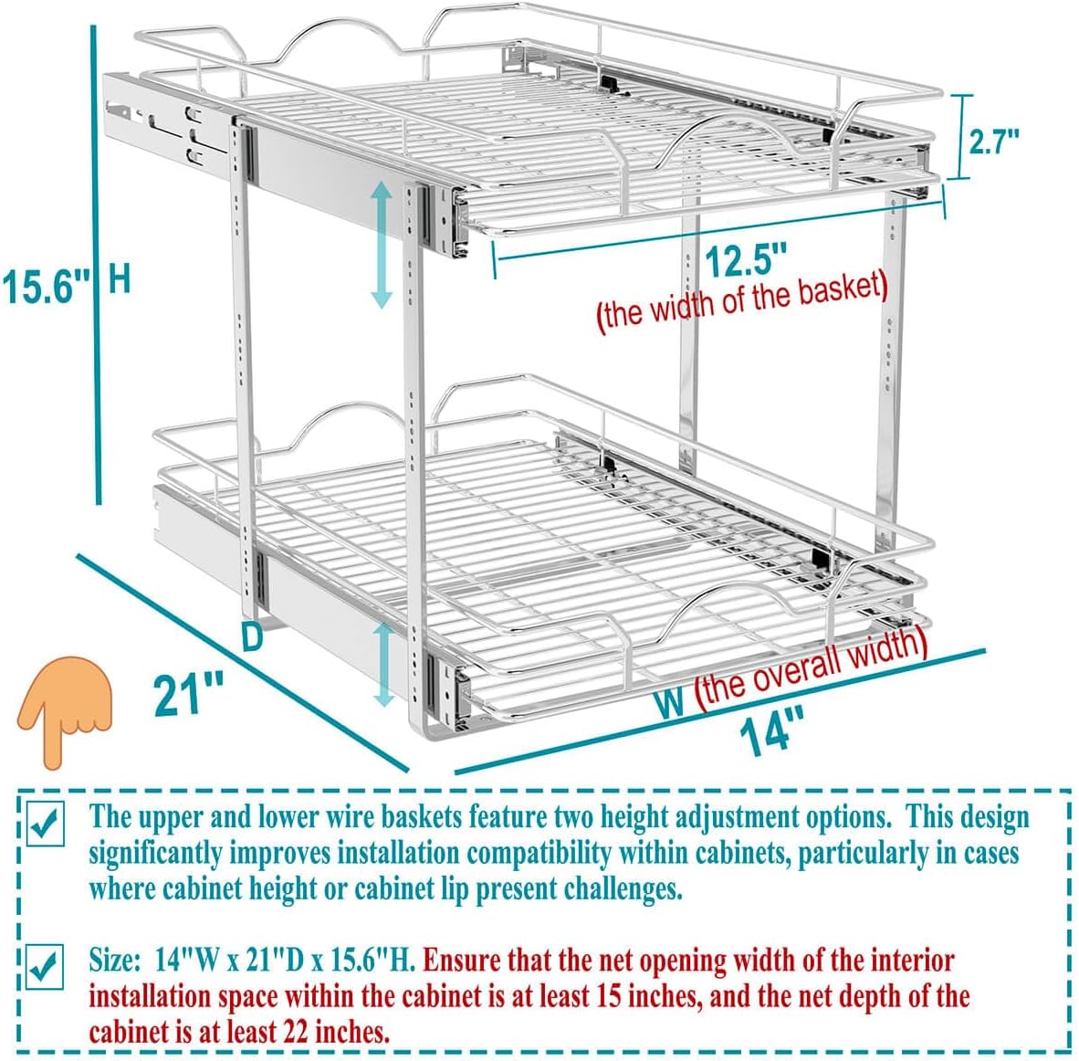 OCG 2 Tier Pull Out Cabinet Organizer (14" W x 21" D), Pull Out Drawers for Kitchen Cabinets, Pull Out Shelves for Base Cabinet Organization in Kitchen Bathroom Pantry, Chrome Finish