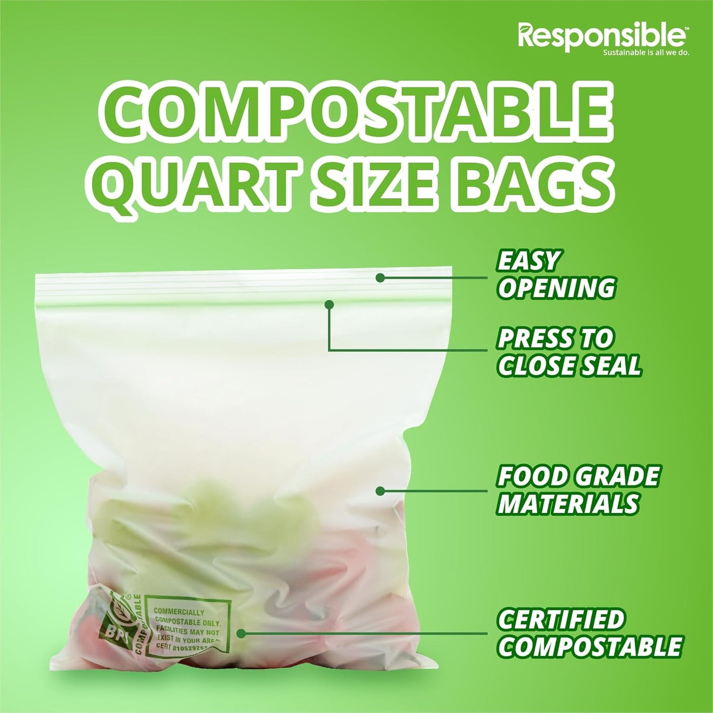Responsible Products Certified Compostable QUART Resealable Zip Bag, Extra Strength Food Bags, Plant-Based Freezer-Safe (26 Pack)