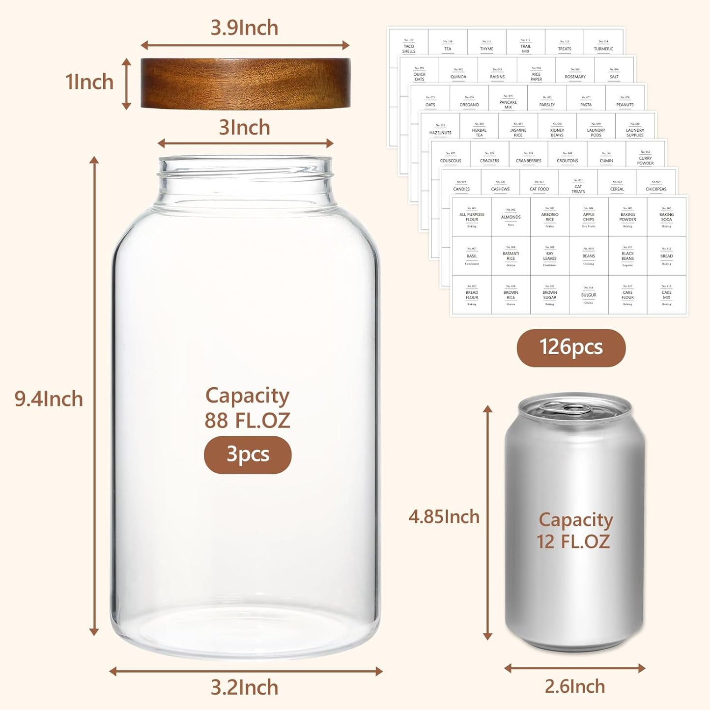 KEYWING 88oz Large Glass Jars with Airtight Acacia Wood Lids, Set of 3 Food Storage Containers for Flour, Sugar, Rice, Pasta, Cereal, Cookies – Includes 126 Labels