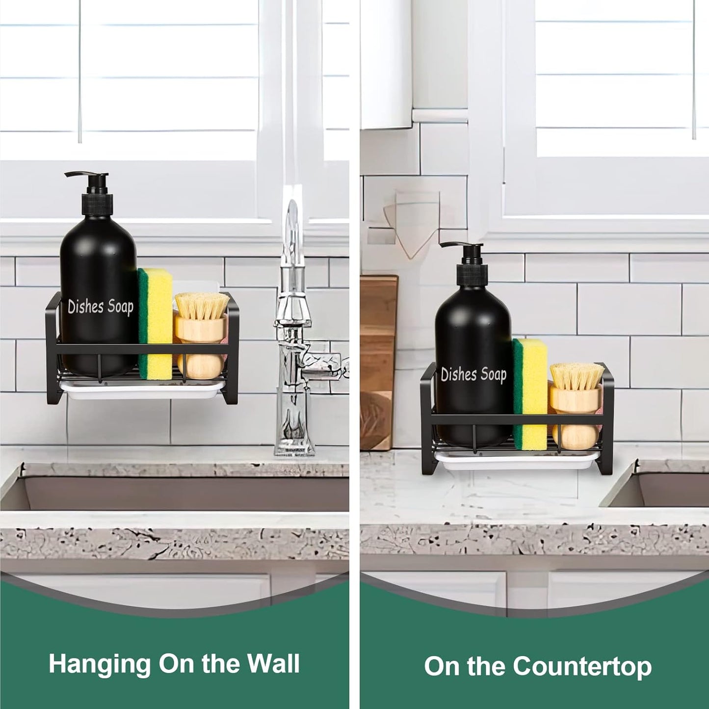 TEZZ Sponge Holder for Kitchen Sink- Stainless Steel Kitchen Sink Caddy for Organizing Sponge, Brush & Soap Dish Dispenser, coutertop Organizer Rack with Adhesive or Counter top, Black