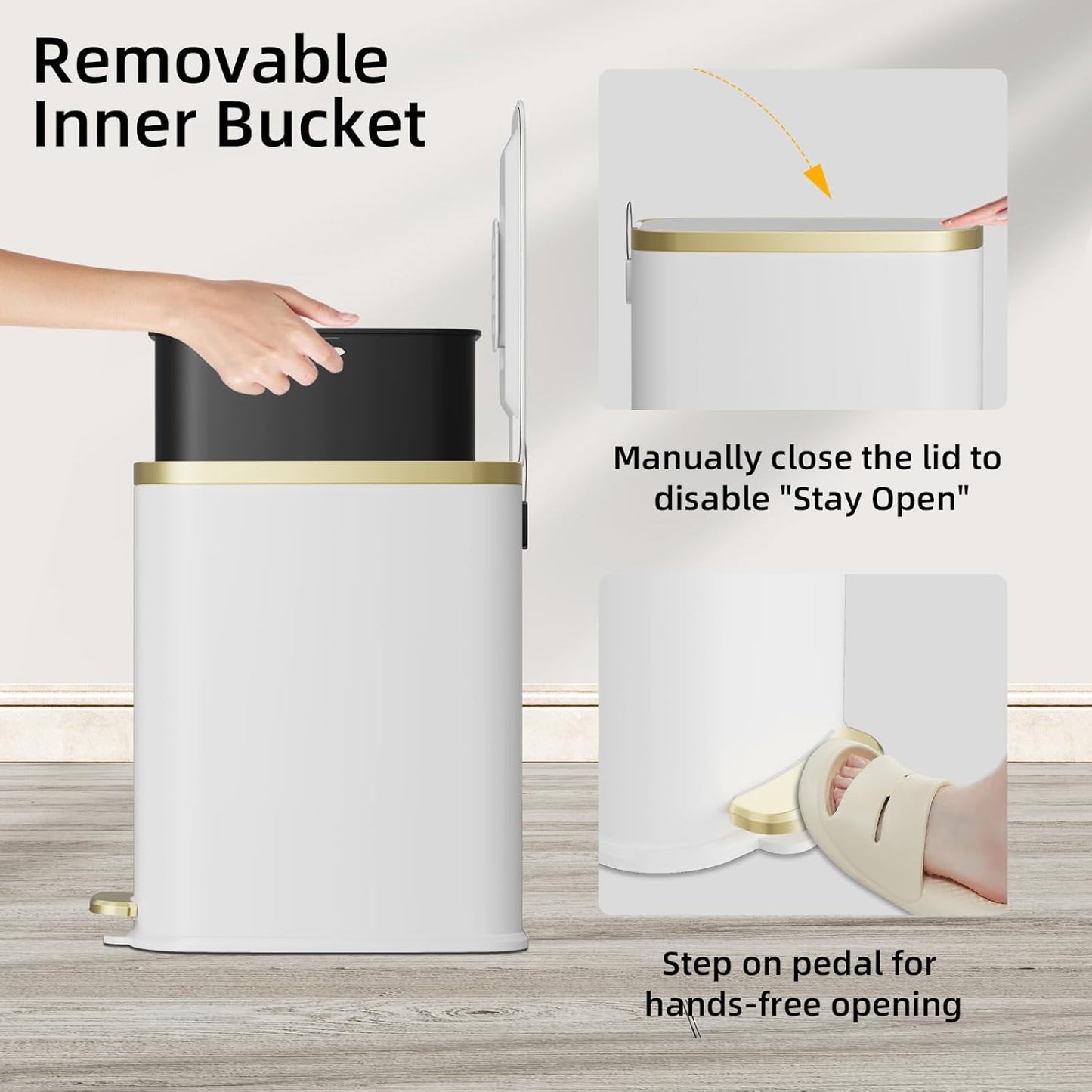 KUK Small Bathroom Trash Can with Lid Soft Close, Step Pedal, 2.4 Gal Stainless Steel Garbage Can with Removable Inner Bucket, Anti-Fingerprint Wastebasket for Office, Bedroom, Toilet (White)