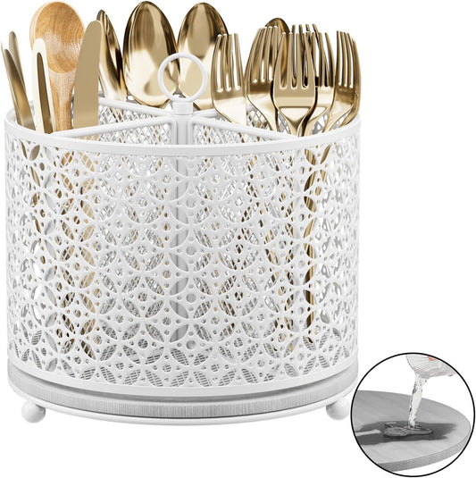 360° Rotating Kitchen Utensil Holder - Fast-Drying Utensils Caddy - 4 Compartment Flatware Silverware Organizer High Raised Cutlery Holder with Handle for Kitchen Countertop Party Picnic Table White