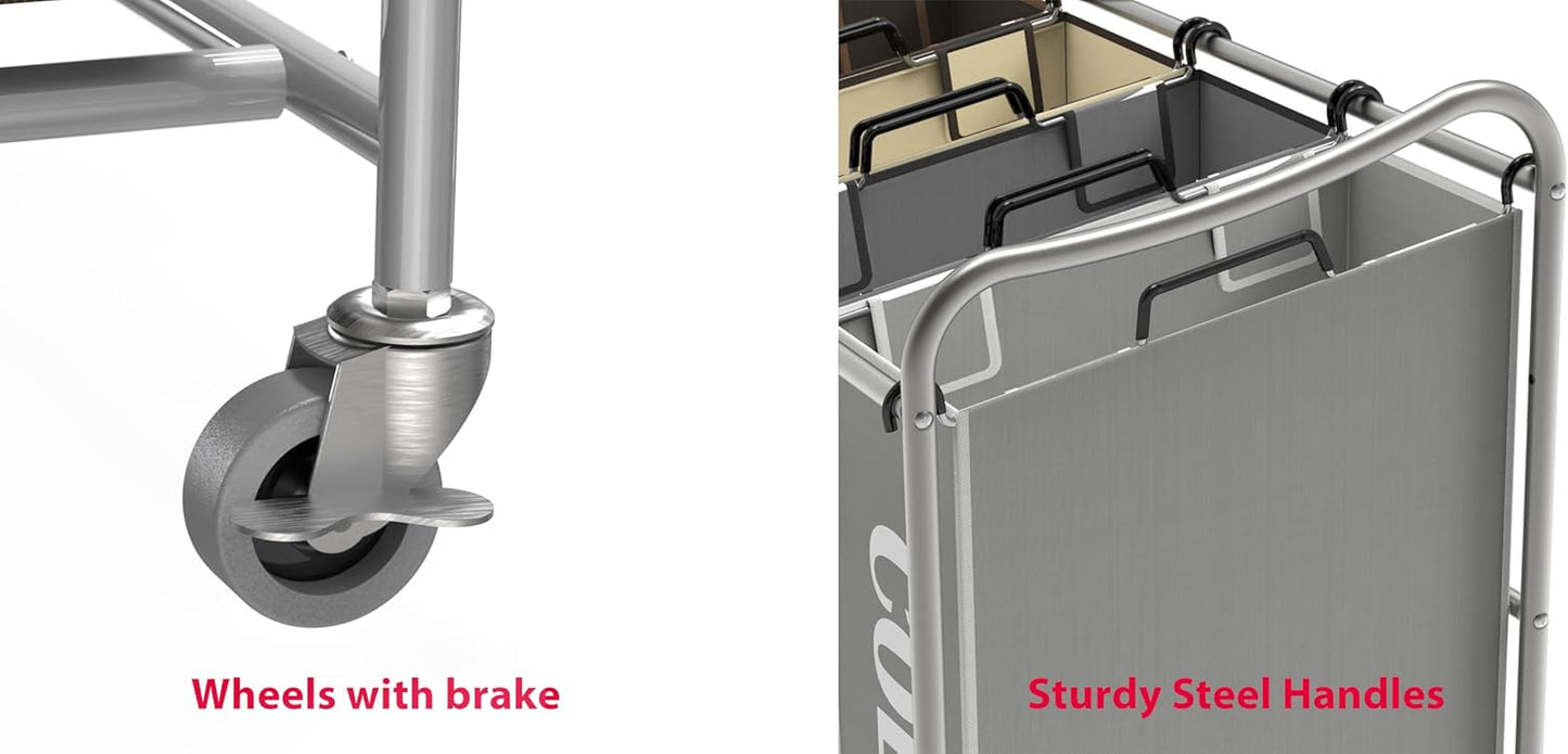 Simple Houseware 4-Bag Heavy Duty Laundry Sorter Rolling Cart, Silver/Assorted