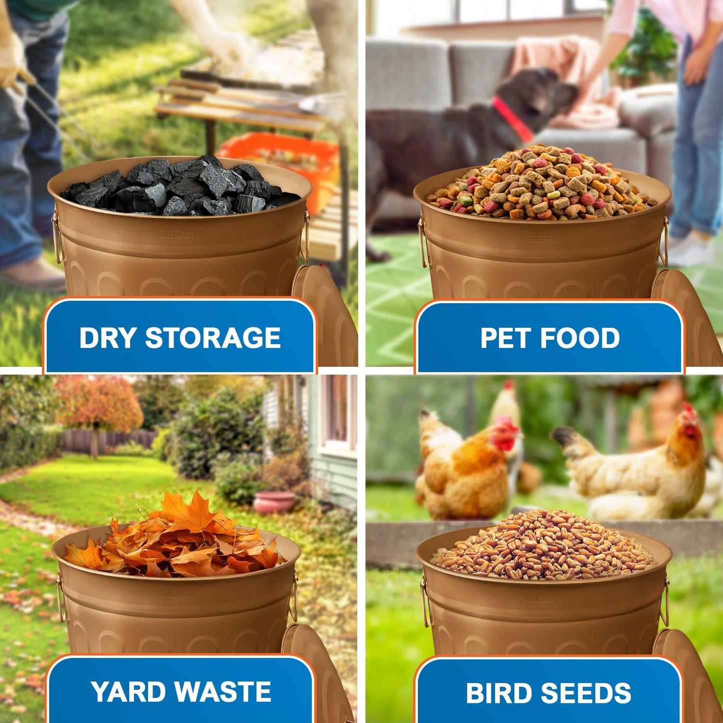 Plexon Round Trash Can 13 Gallon, Vintage Metal Outdoor Trash Can with Lid, Retro Farmhouse Garbage Container, Old School Modern Ash Bucket, Copper 6 Pack