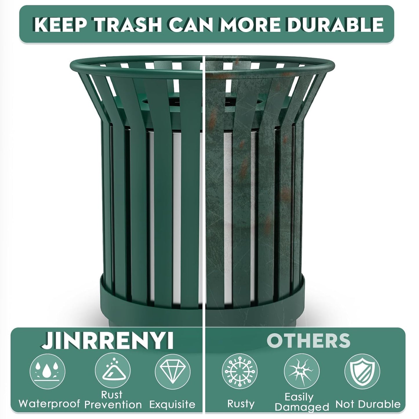 Round Heavy Duty Outdoor Trash Can, Large Metal Slatted Garbage Can for All Weather Resistant, Commercial Garbage Cans, Waste Receptacle in Park, Beach, Patio (Green, Medium)