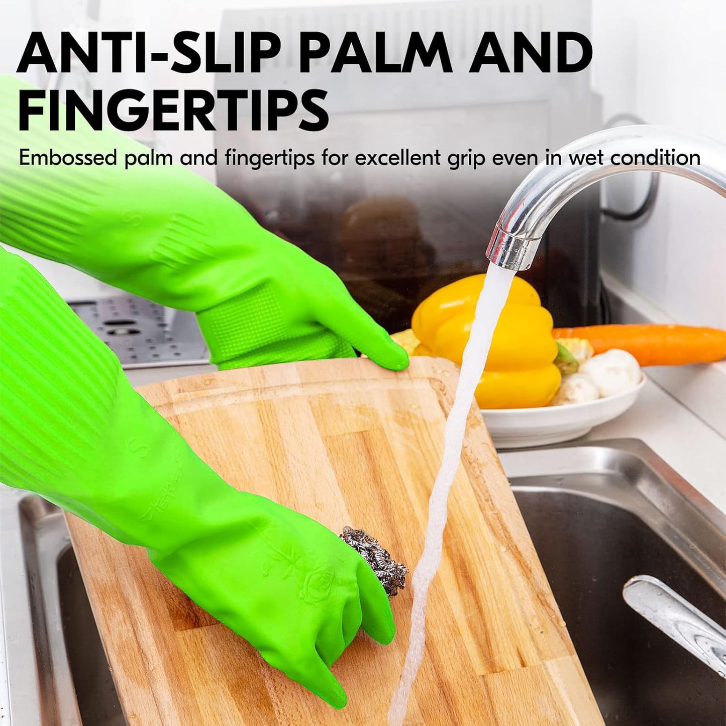Vgo... 1-Pair Dishwashing Gloves, Reusable Household Gloves, Kitchen Gloves, Long Sleeve, Thick Latex, Cleaning, Washing, Working, Painting, Gardening, Pet Care (Size M,Green, RB2143)