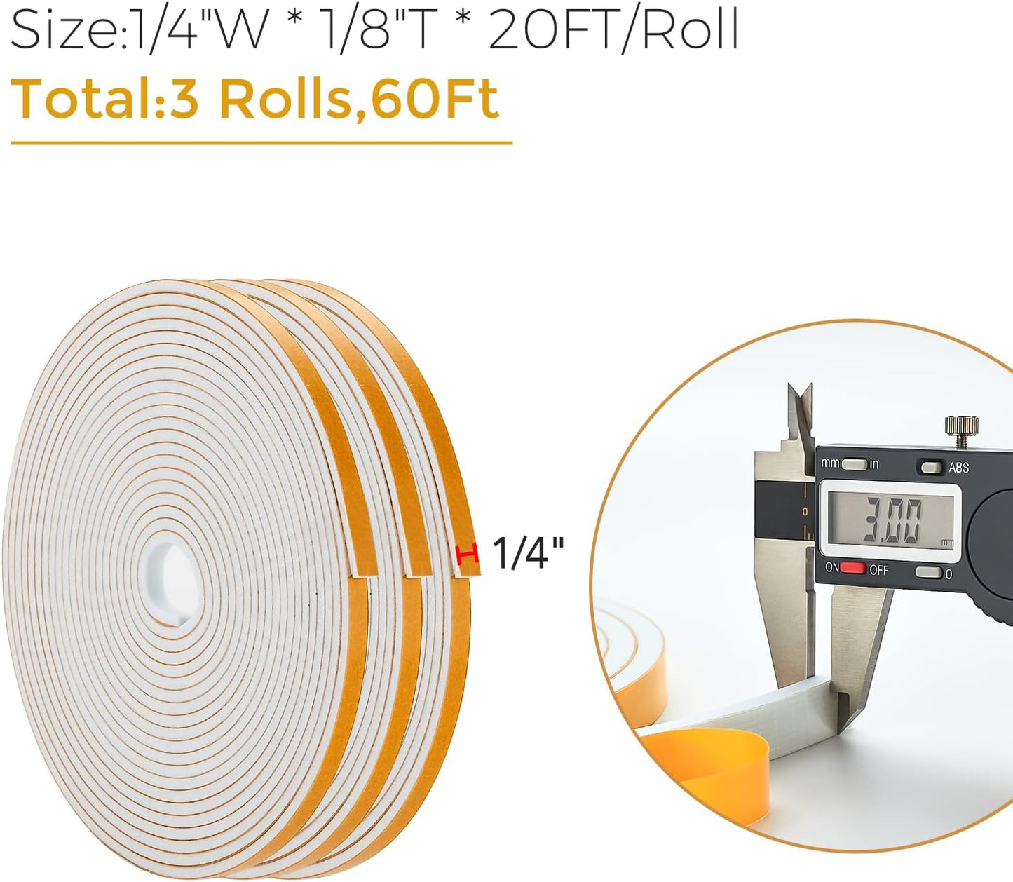 60 Feet Weather Stripping Door Seal, 1/4" Wide X 1/8" Thick Door Seal Strip High Density Foam Tape Adhesive Strip for Door Soundproofing,Window Insulation (1/4" x 1/8" x 60FT,White)
