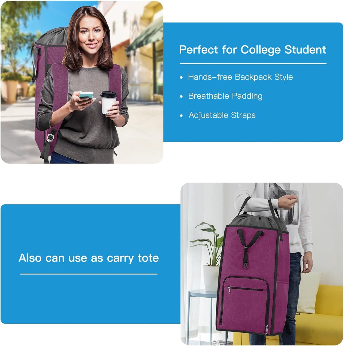 Bukere Laundry Tote Basket, Laundry Backpack Bag for Guys Girls Boys, Collapsible Laundry Hamper for College Dorm Essentials, Portable Laundry Bag for Nursery, Bathroom, Bedroom, Swimming Pool