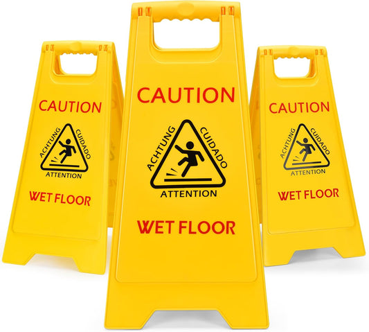 MATTHEW CLEANING 25'' Industrial Wet Floor Sign 3 Pack 2-Sided Safety A-Frame Birght Yellow Multilingual Warning Signs Commercial Caution Wet Fold-out Floor Signs For Indoors and Outdoors