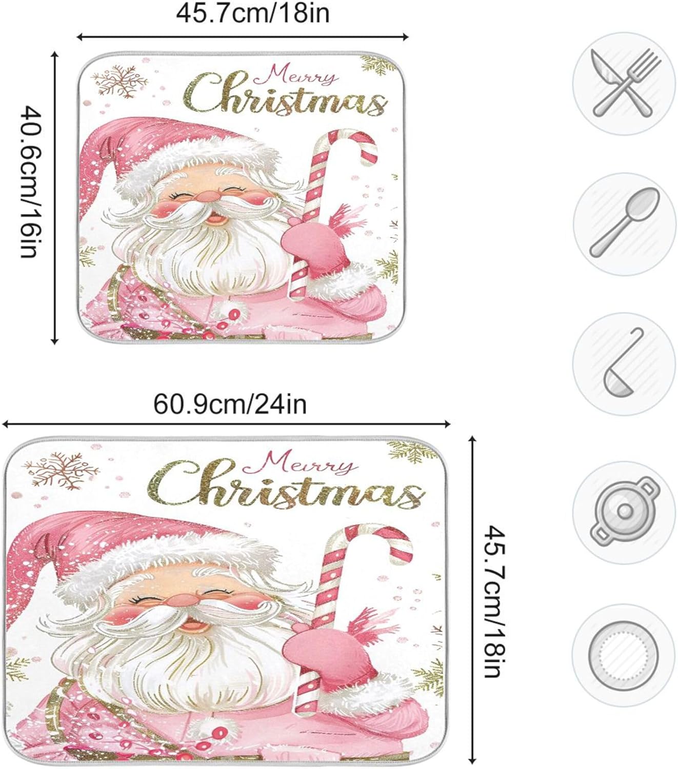 Christmas Santa Claus Pink Dish Drying Mat for Kitchen Countertop 18x24 Xmas Candy Cane Snowflake Large Drying Mat Reusable Quick Dry Dish Sink Mats Easy Clean Decorative Essentials