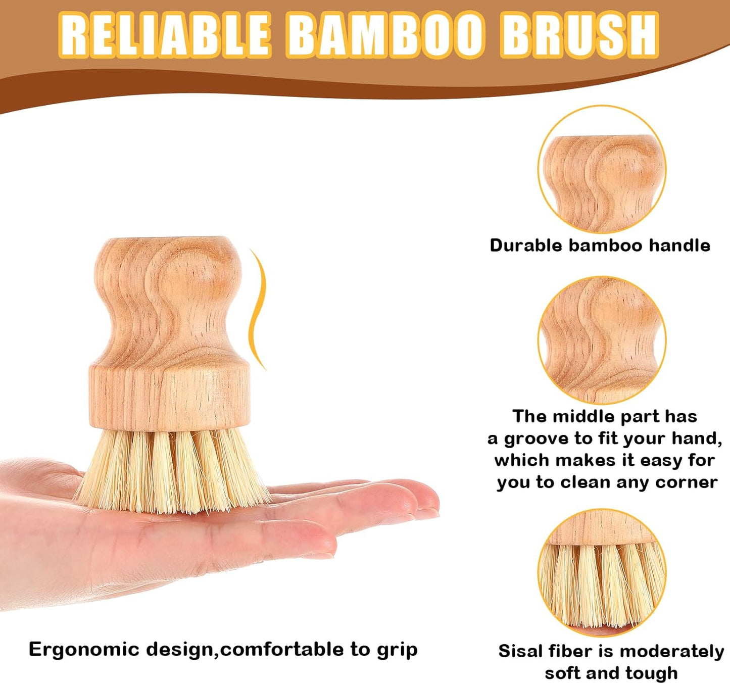 Nuenen 30 Packs Bamboo Dish Scrub Brushes Wooden Scrubbers Set Kitchen Dishwashing Scrubber with Natural Sisal Bristles for Iron Pot Pan Sink