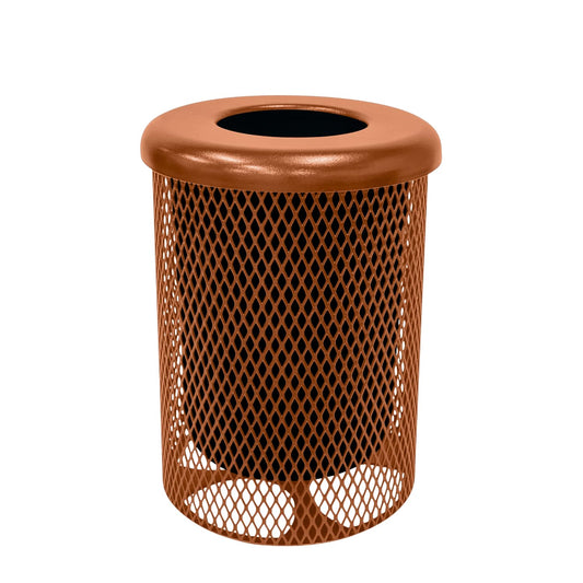 COATEDOUTDOORFURNITURE 32-Gallon Heavy-Duty Expanded Metal Round Trash Receptacle, Commercial Outdoor Waste Bin with Liner & Black Flat Top Lid – Made in America (Textured Copper)
