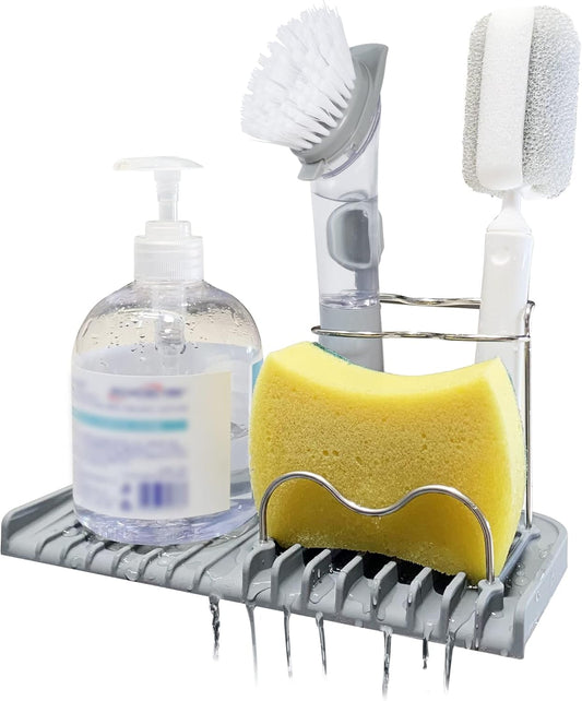 Sponge holder for kitchen sink caddy accessories gadgets, dish soap brush holder for sink organizer, soap tray holder drainer rack for bathroom -Gray