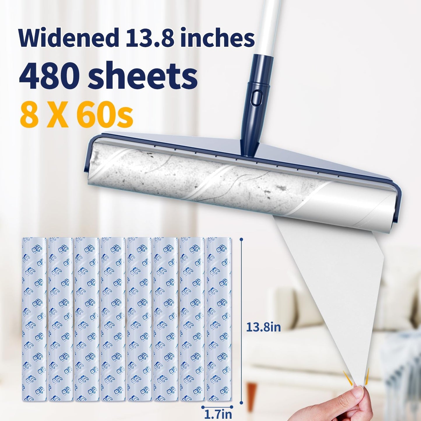 13.8in Lint Roller Refills Large Lint Roller Refill (8 Packs 480 Sheets) for Lint Remover, Pet Mega Extreme Stick Refill for Floor Roller, Cleaning for Carpets, Cars, Clothing, and Pet Hair