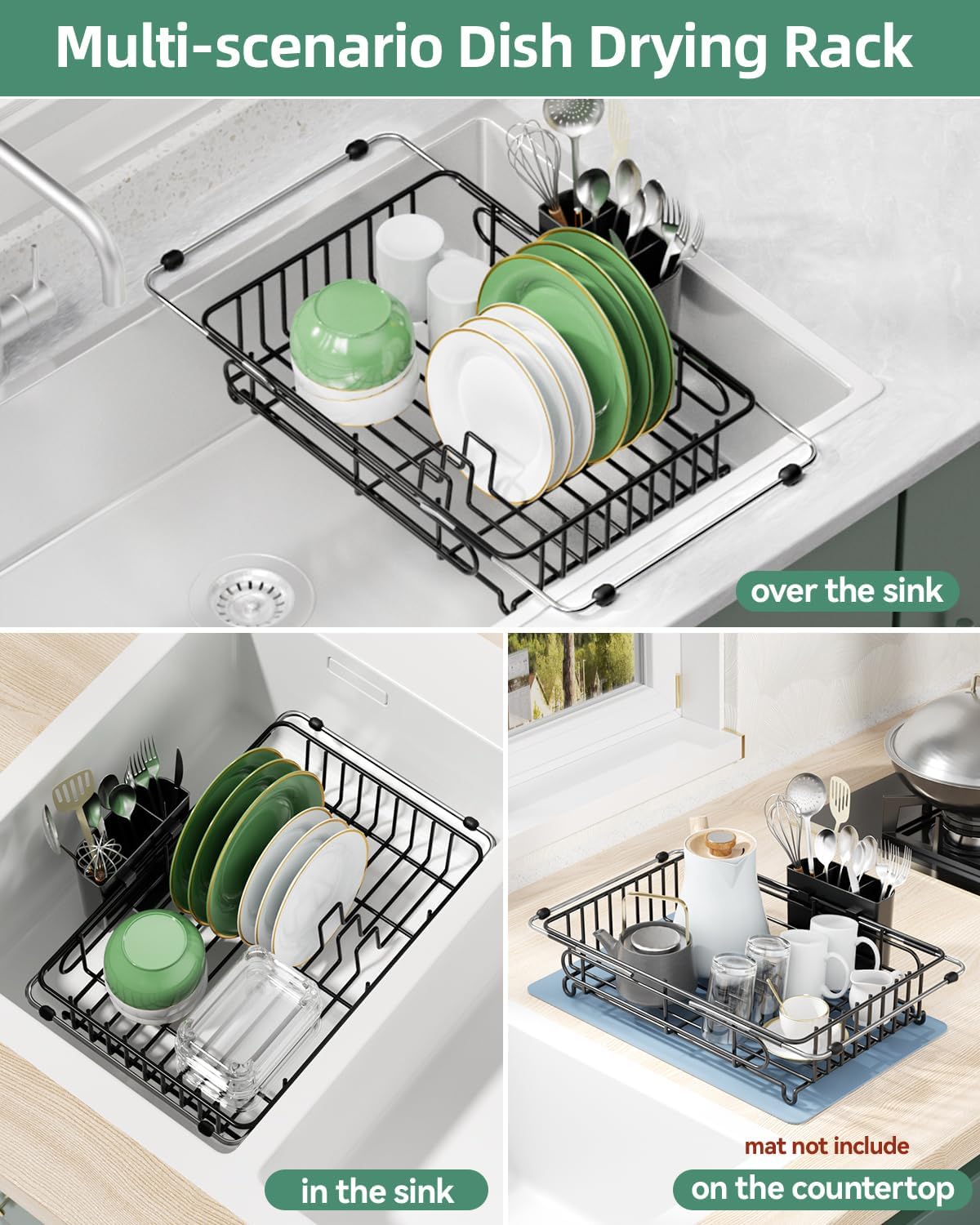 Expandable Dish Drying Rack for in-Sink, Over-Sink, and Counter Use, Dish Drainer with Removable Cutlery Holder, Space Saving & No Assembly Needed 10.5" W x 15" L