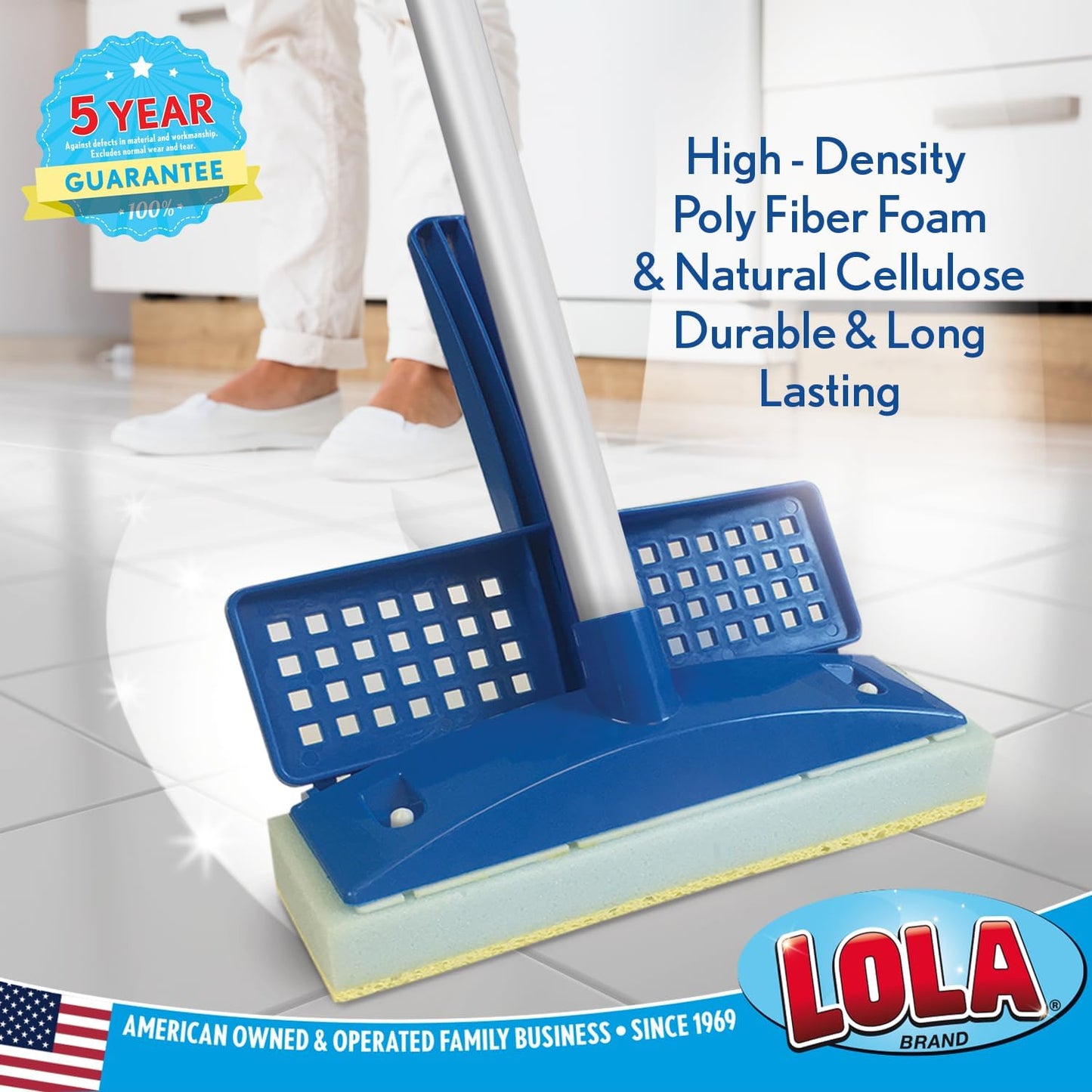 LOLA Squeeze Sponge Mop w/ Poly Foam & a Natural Cellulose Layer, Absorbs and Wicks Moisture, Hard Surface Cleaner, Refillable, 9” Wide Head