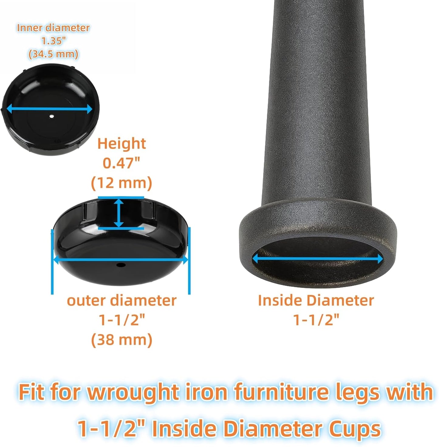 Wrought Iron Patio Furniture Feet Caps - Furnigear 1-1/2" Round Plastic Outdoor Chair Leg Caps, Floor Protectors for Metal Chairs & Tables, Patio Furniture Replacement Rubber Feet (24 Pack, Black)