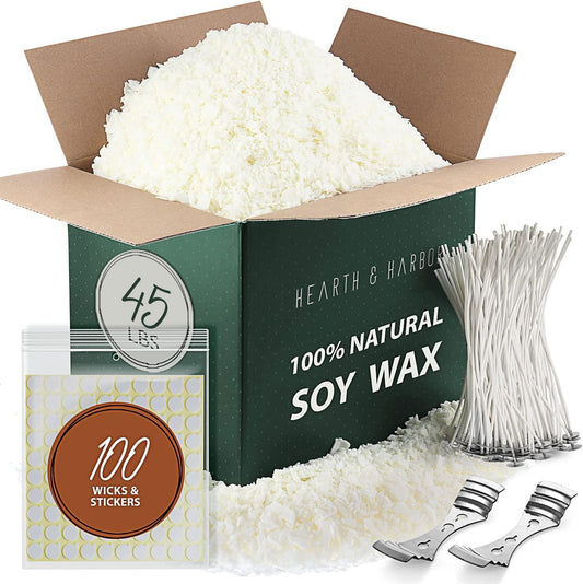 Hearth & Harbor Organic Soy Candle Wax for Candle Making, 45 lbs Natural Candles Making Supplies, Beeswax-Free, Paraffin-Free, Pure Soy Wax Flakes Perfect for Candles, Tealights and Melts