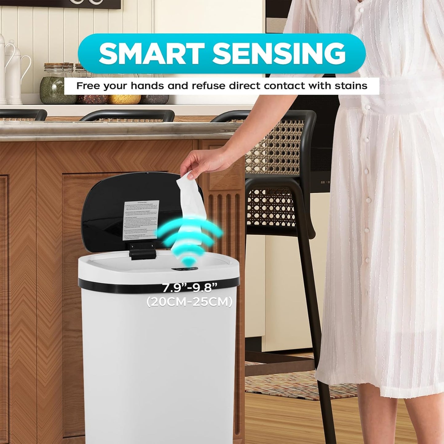 Automatic Motion Sensor Bathroom Trash Can with Lid, 13 Gallon Touchless Trash Bin, Smart Dog Proof Garbage Can, Touch Free Waste Basket for Toilet, Office, Bedroom,White,2