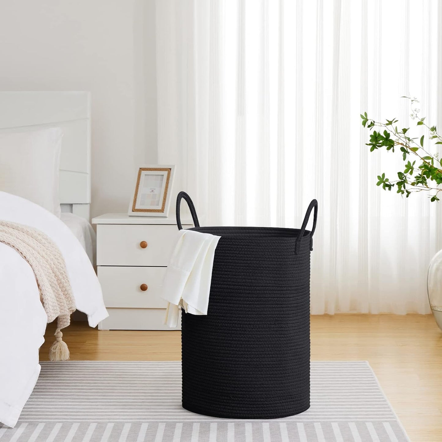 VIPOSCO Large Laundry Hamper, Tall Woven Rope Storage Basket for Blanket, Toys, Dirty Clothes in Living Room, Bathroom, Bedroom - 72L Black
