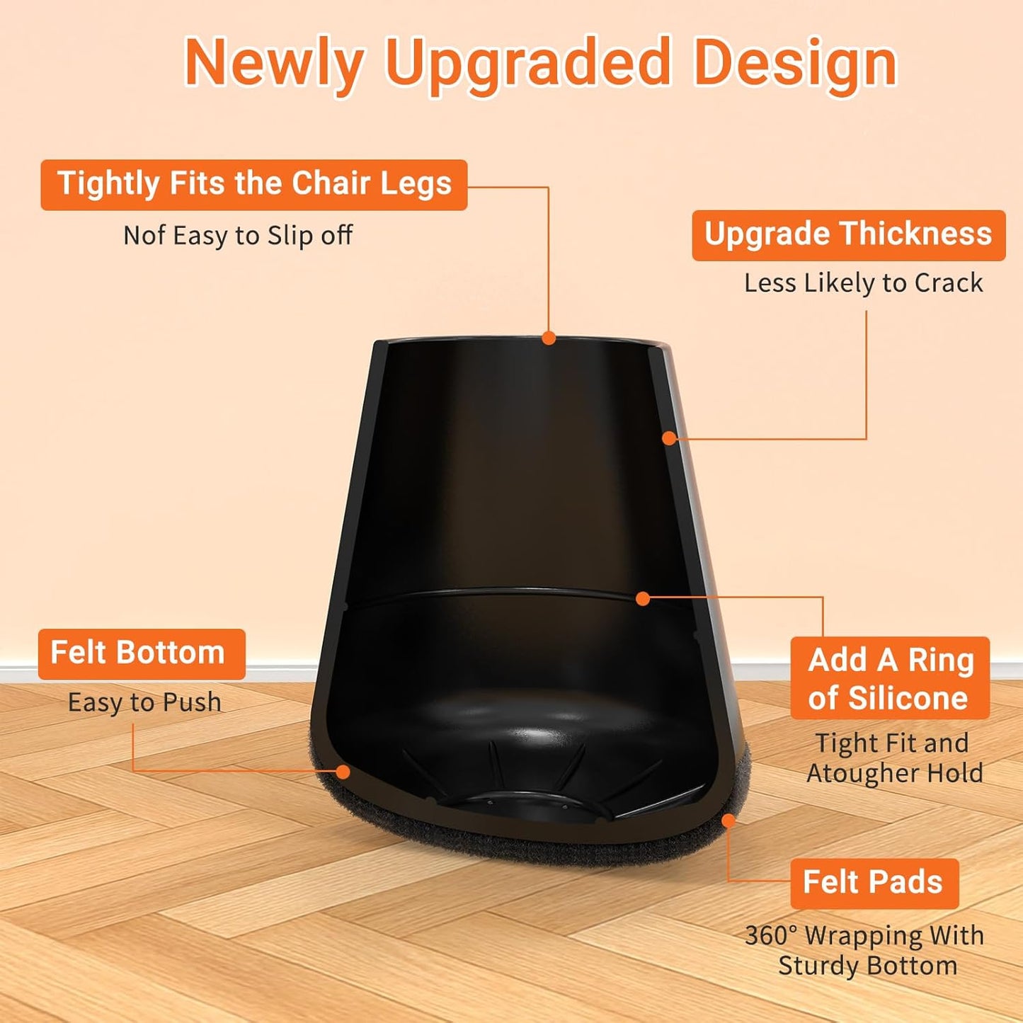 Chair Leg Floor Protectors Large 24Pcs,Silicone Chair Leg Protectors for Hardwood Floors/Tiles,360°Wrapped Felt Bottom to Prevent Scratch and Reduce Noise, Round Black