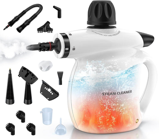 LABIGO Steam Cleaner, Pressurized Handheld 13pcs Multi-Purpose Natural Deep Cleaning Steamer, Portable Steamer for Cleaning Home, Grout, Kitchen, Car, Window, Upholstery, Bathroom and Clothes, White