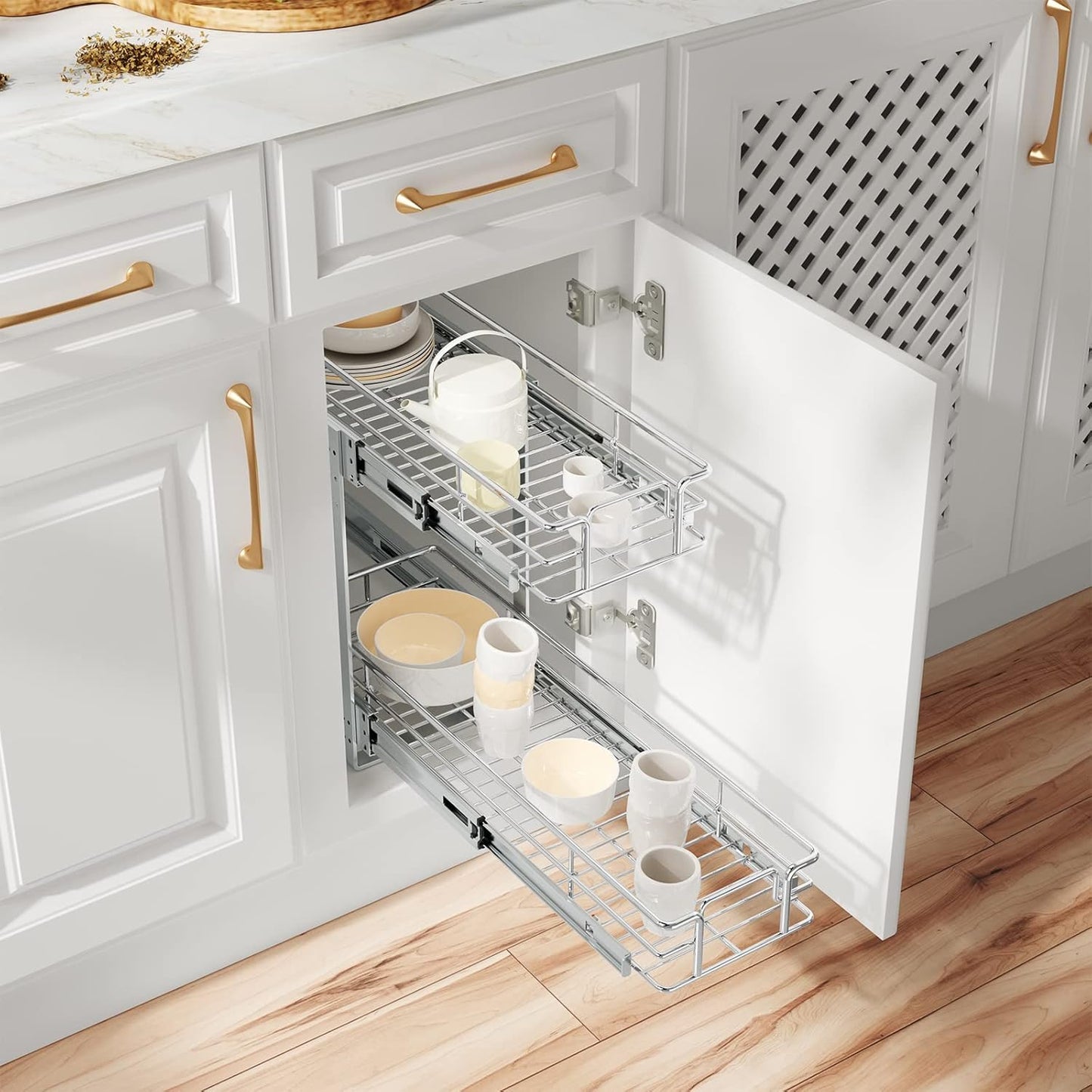 ROOMTEC Individual Pull Out Cabinet Organizer (5½"W x 21½"D), 2 Tier Spice Rack Organizer for Cabinet, Slide Out Drawer Pantry Shelf Organization and Storage for Kitchen Bathroom