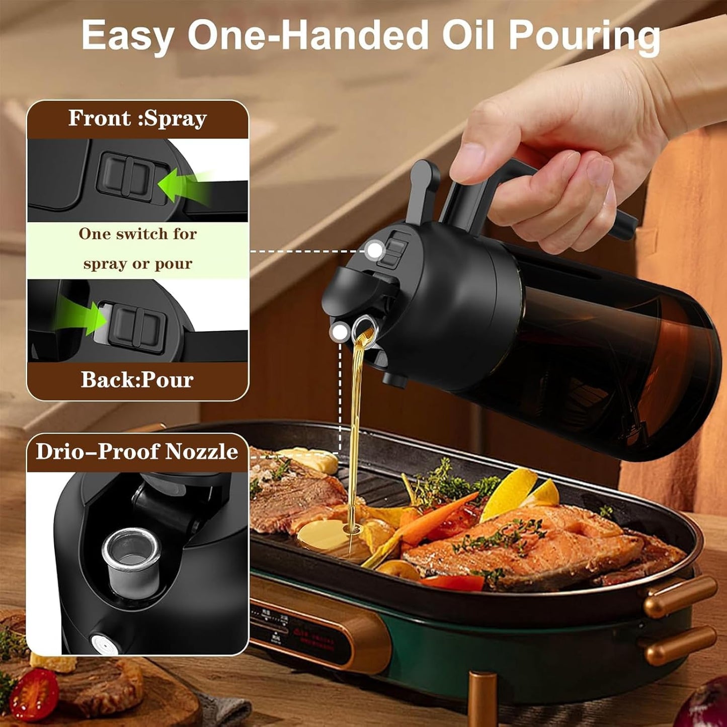 2-in-1 Glass Oil Dispenser & Sprayer - 16oz/470ml Leakproof Bottle for Cooking, Air Fryer, BBQ, Baking, Salad (Light-Blockage Black And Green)