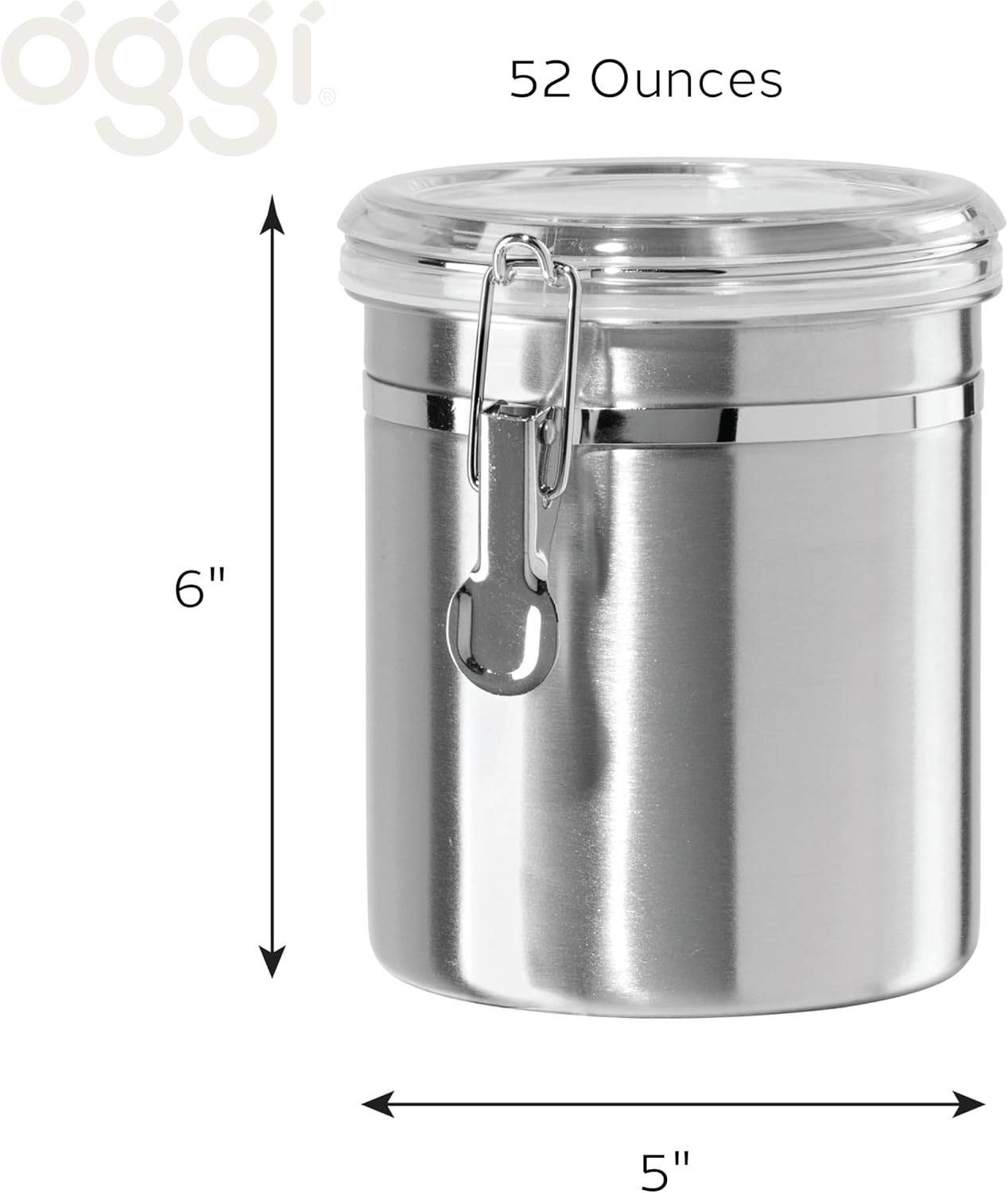 OGGI Stainless Steel Kitchen Canister 52 fl oz - Airtight Clamp Lid, Clear See-Thru Top - Ideal for Kitchen Storage, Food Storage, Pantry Storage. Large Size 5" x 6".