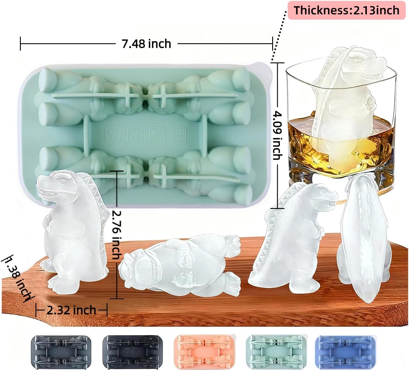 7.48inch Newly Upgraded 4-grid 3D Dinosaur Ice Tray and Covered Silicone Ice Tray, Suitable for Bars, Outdoor and Home Use (1, green)