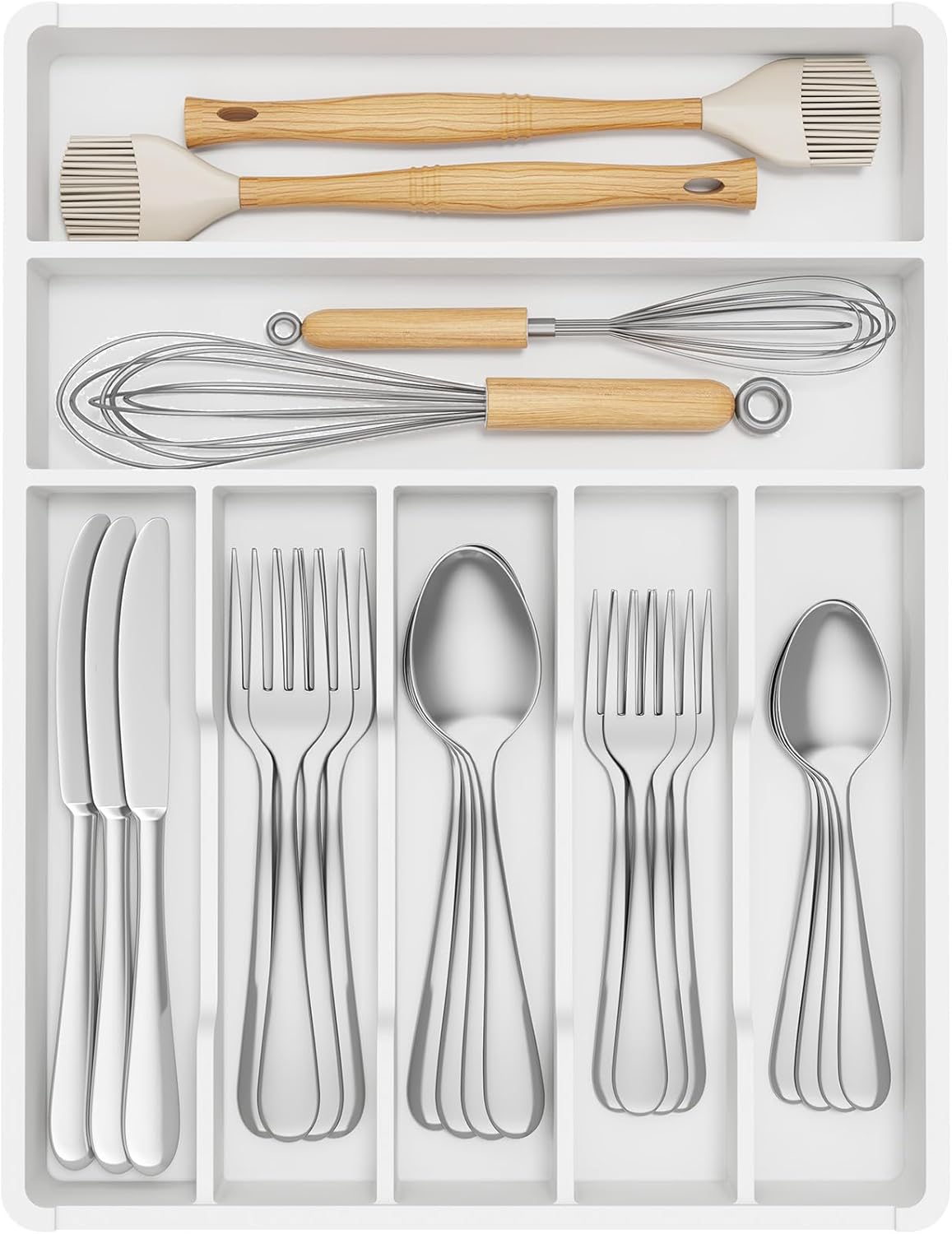Lifewit Silverware Tray, Deep Wide Cutlery Drawer Organizer Storage for Kitchen, Plastic Flatware Utensil Holder Divider for Spoons Forks Knives Tableware, 7 Compartment, White