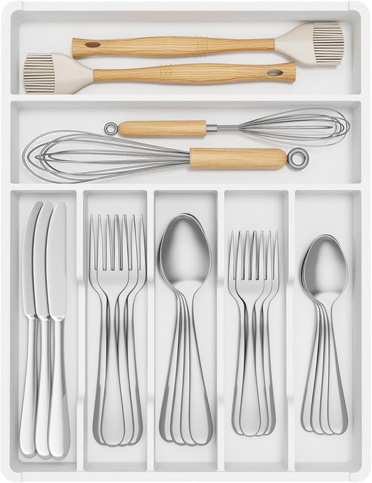 Lifewit Silverware Tray, Deep Wide Cutlery Drawer Organizer Storage for Kitchen, Plastic Flatware Utensil Holder Divider for Spoons Forks Knives Tableware, 7 Compartment, White