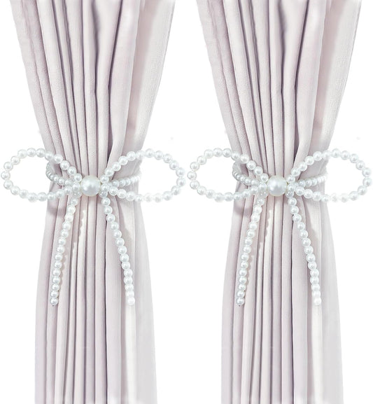 Magnetic Tiebacks for Curtains, 2 Pack Bow Pearl Curtain tiebacks Curtain Buckle Clips with High-Elastic Spring Wire,Curtain Holders for Wall,Drapery tiebacks,Curtain Ties (2pcs Bow)