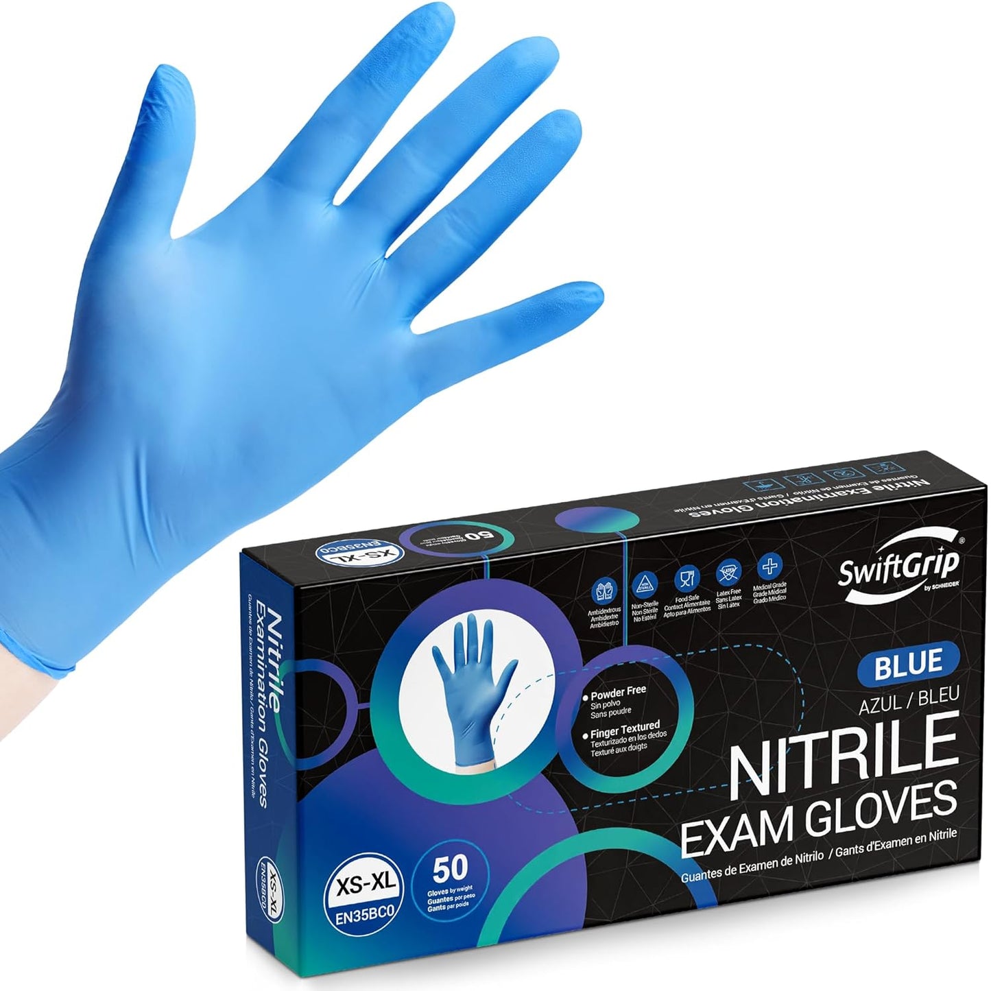 Disposable Nitrile Exam Gloves, Blue, Nitrile Gloves Disposable Latex Free, Medical Gloves, Cleaning Gloves, Food-Safe Rubber Gloves, Powder Free, Non-Sterile, 50-ct Box (Large)