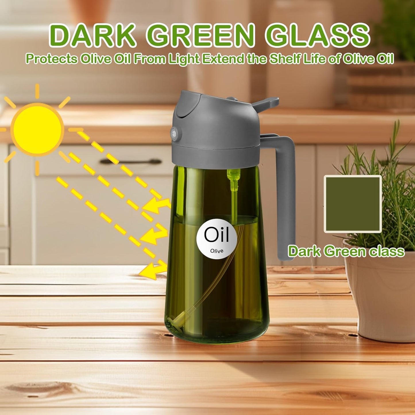 YARRAMATE 16oz/470ml Dark Green Oil Sprayer for Cooking with Stickers, Food-grade Premium 2 in 1 Olive Oil Dispenser Bottle for Kitchen Gadgets, Air Fryer, Salad, Frying, BBQ (Grey)