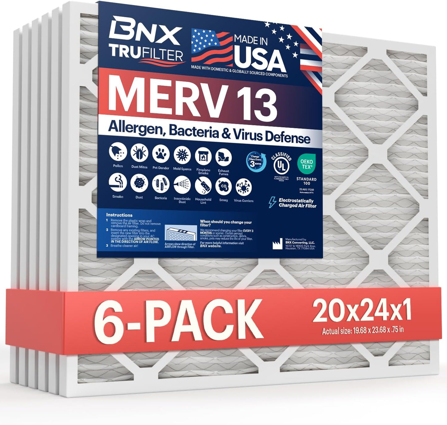 BNX TruFilter 20x24x1 Air Filter MERV 13 (6-Pack) - MADE IN USA - Electrostatic Pleated Air Conditioner HVAC AC Furnace Filters for Allergies, Pollen, Mold, Bacteria, Smoke, Allergen, MPR 1900 FPR 10