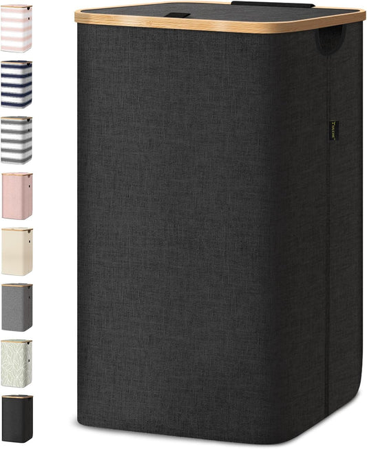 BALEINE Laundry Hamper with Lid, Tall Laundry Baskets with Bamboo Pull Handles, Large Laundry Bin with Internal Support (18 Gal/70L, Black)