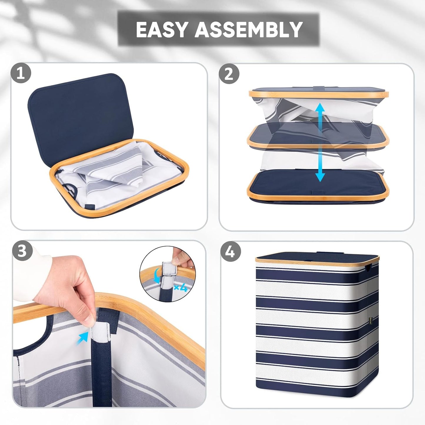 BALEINE Laundry Hamper with Lid, Tall Laundry Baskets with Bamboo Pull Handles, Large Laundry Bin with Internal Support (36 Gal/140L, Blue Stripe)