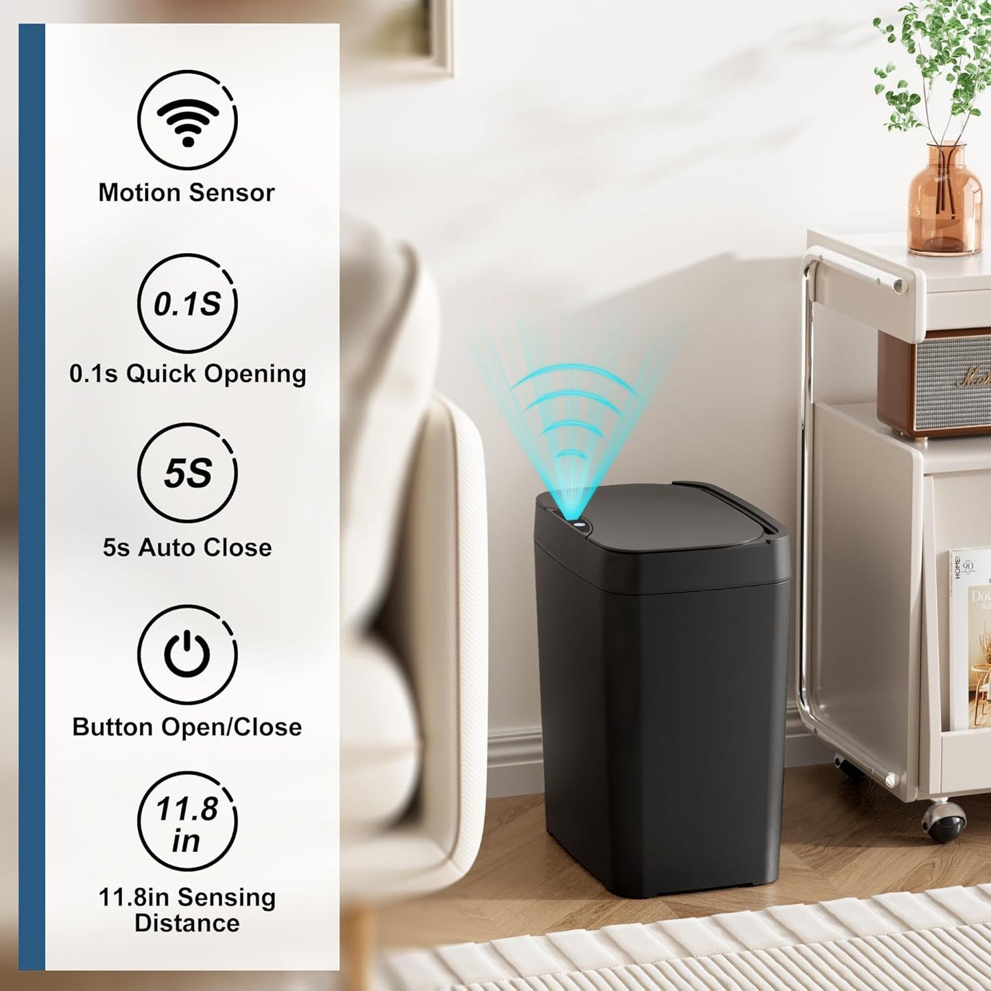 2 Pack 2.7 Gal Bathroom Trash Can with Lid, Automatic Trash Can Small Smart Garbage Can Touchless, Slim Motion Sensor Waterproof Plastic Trash Bins for Bedroom Office Kitchen Toilet Black