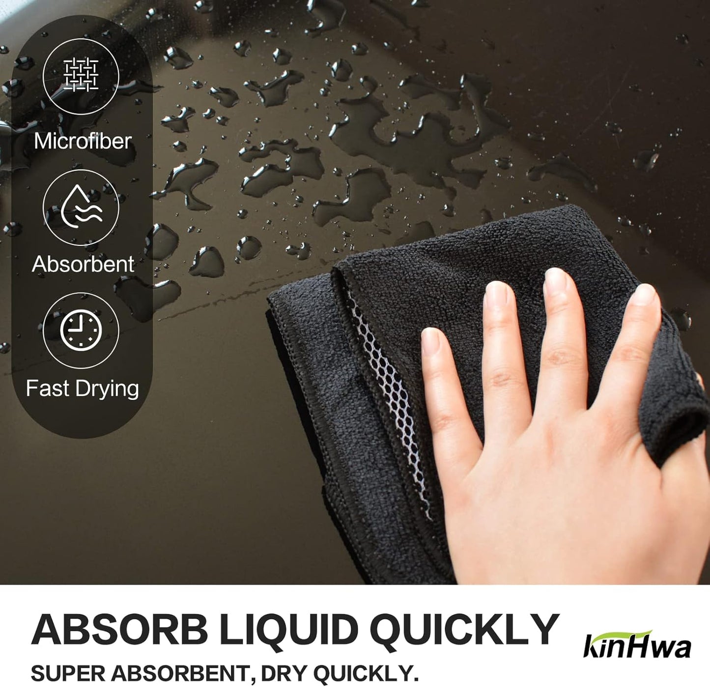 KinHwa Kitchen Washcloths for Dishes Absorbent Microfiber Dish Cloths Quick Dry Dish Rags with Poly Scour Scrub Side Ideal for Kitchen Cleaning (Black, 12inchx12inch 9 Pack)