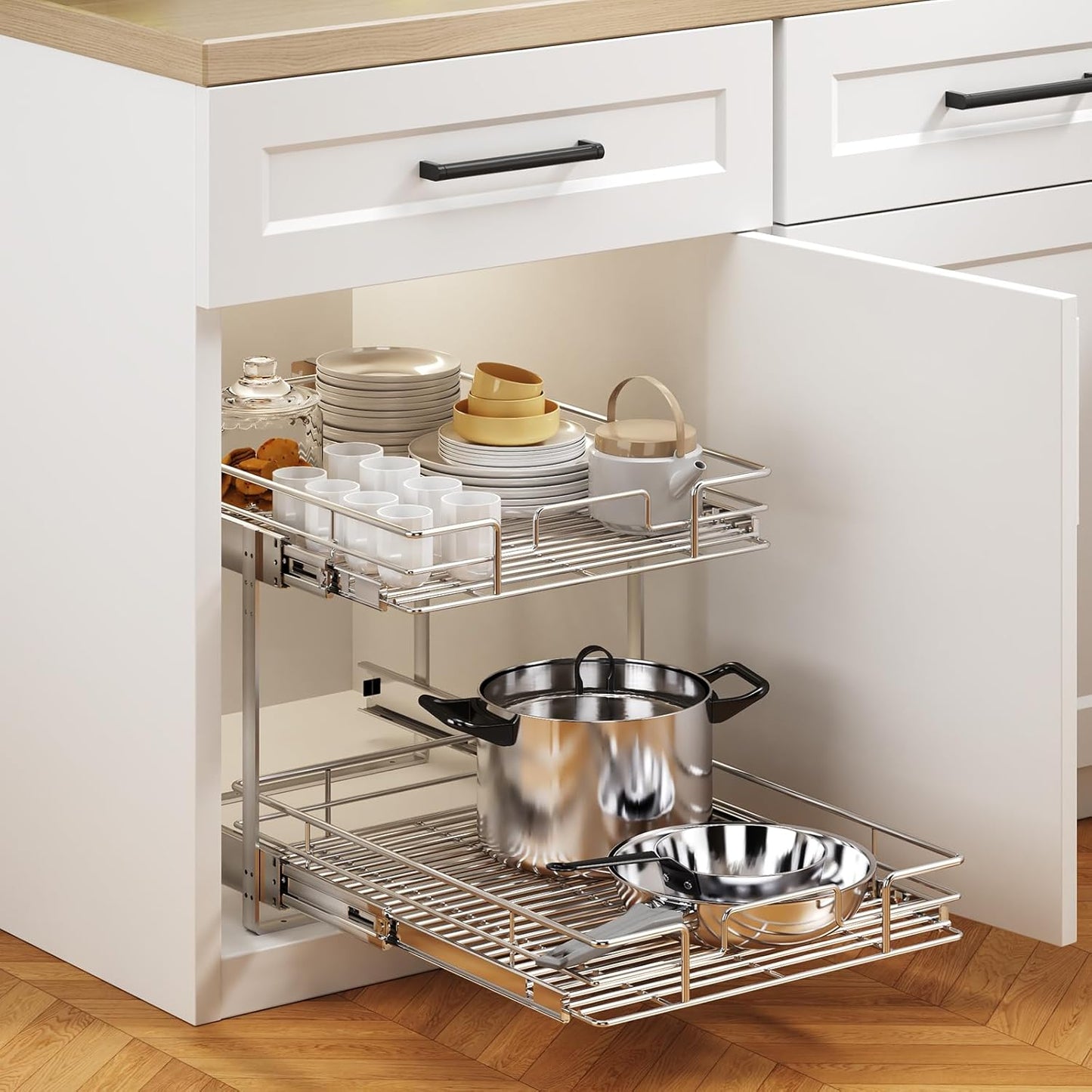 2 Tier Individual Pull Out Cabinet Organizer 22½" W x 21½" D, Heavy Duty Cabinet Pull Out Shelves, Slide Out Drawers Organization for Kitchen Cabinets Bathroom