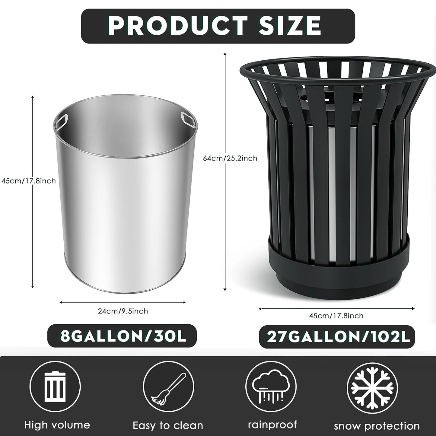 Round Heavy Duty Outdoor Trash Can, Large Metal Slatted Garbage Can for All Weather Resistant, Commercial Garbage Cans, Waste Receptacle in Park, Beach, Patio (Black, Medium)