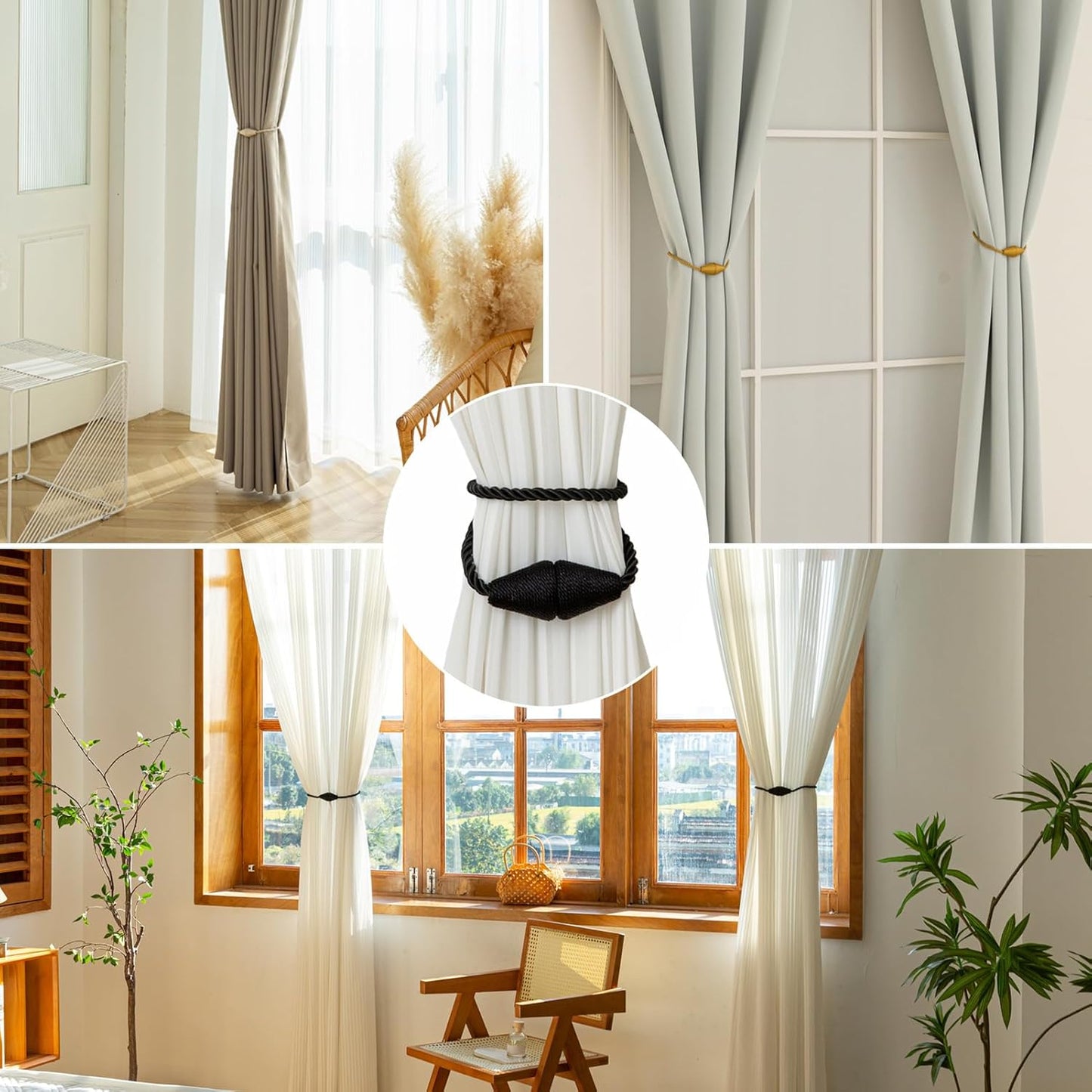 Magnetic Curtain Tiebacks 4 Pack Outdoor Rope Curtain Tie Backs Decorative Window Treatment Holdbacks for Home Decorative Curtain, Black