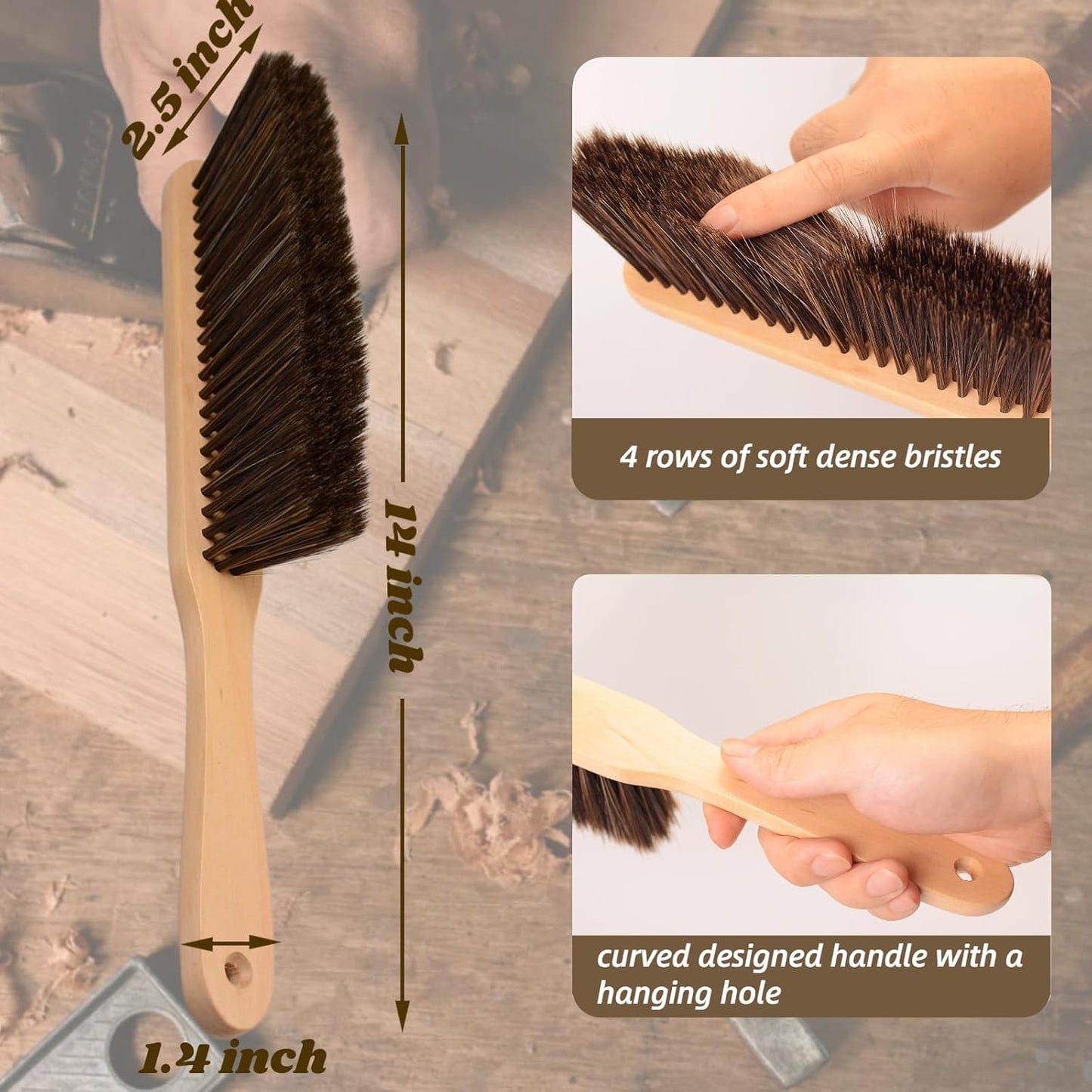 2 Pieces Woooden Dust Brush Hand Broom Bench Brush with Long Wood Handle Whisk Broom Soft Bristle Brush for Counter Bed Sofa Car Fireplace Clothes Household Cleaning(Brown)
