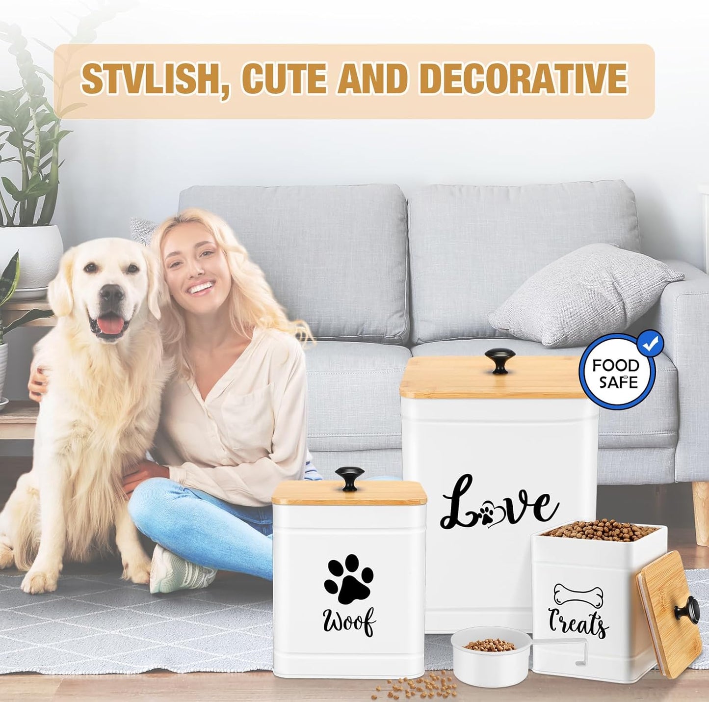 Metal Dog Treat Containers Set of 3 with Bamboo Lids and Spoon Airtight 7+3+2 lbs Dog Food Snack Jars with DIY Labels Big Pet Cookie Storage Jar for Kitchen Counter(White,Modern)