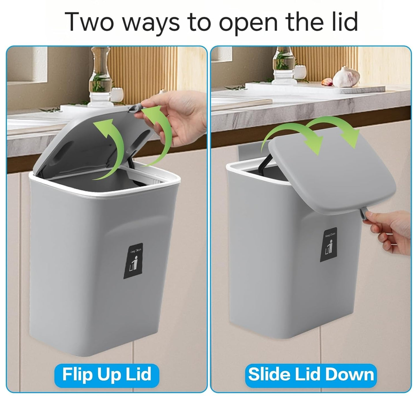 Compost Bin for Kitchen -2.4 Gallons/9L Trash Can for Under Sink,Hanging Small Trash Can with Lid for Bathroom/Bedroom, Indoor Compost Bucket (Grey)